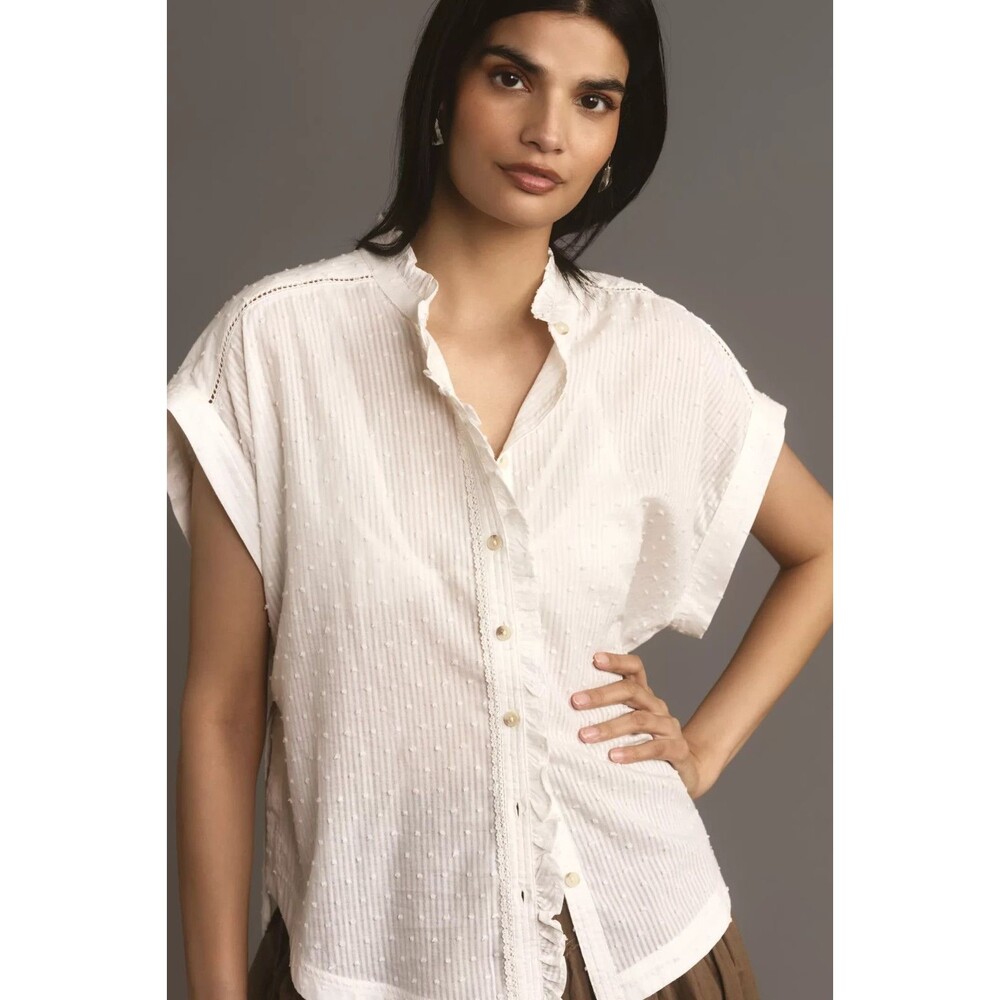 PILCRO Oversized Ruffled Blouse White Swiss Dot Striped Button Up Top SIZE XL - Picture 2 of 15